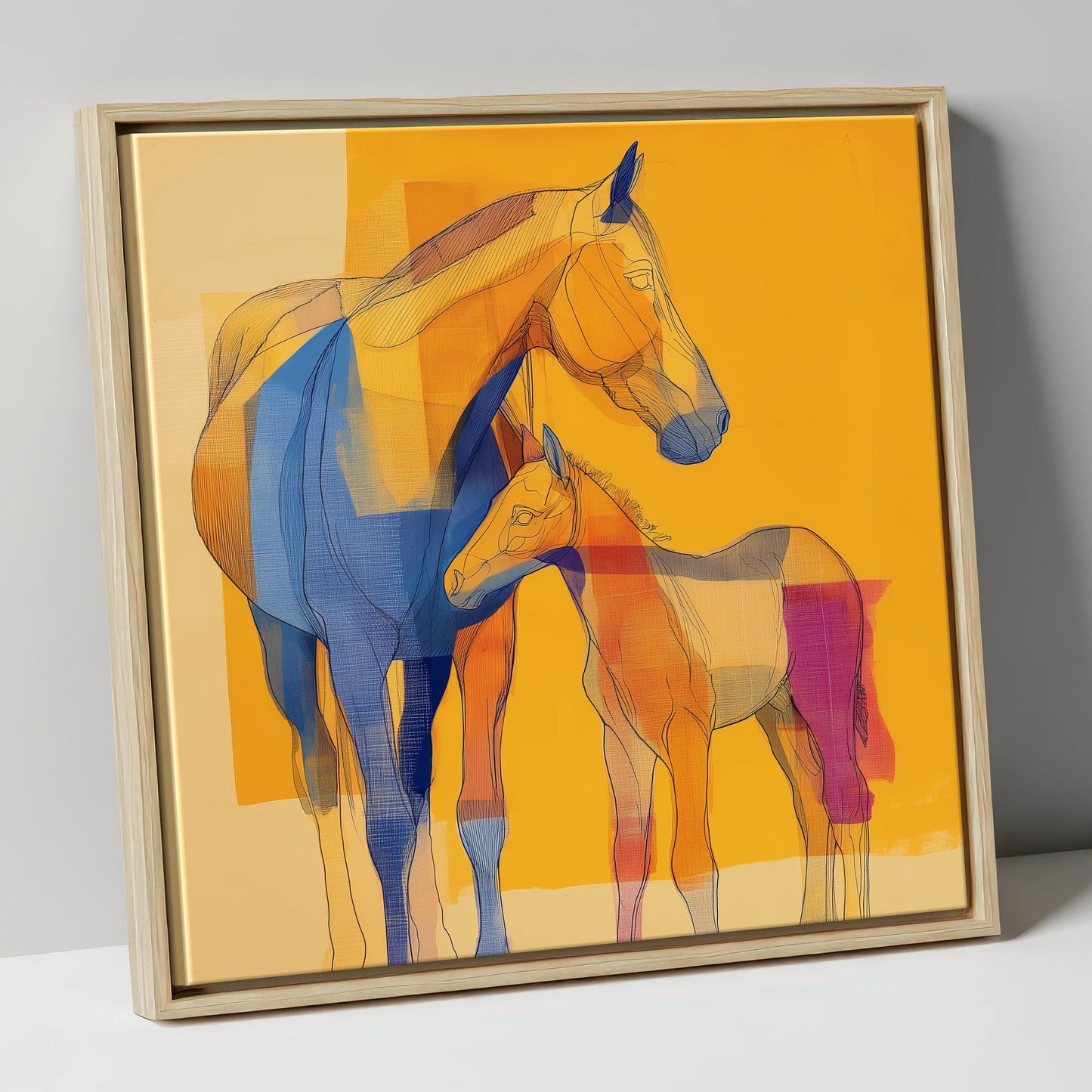 Vibrant Amber Kinship mare & foal canvas wall art in natural frame