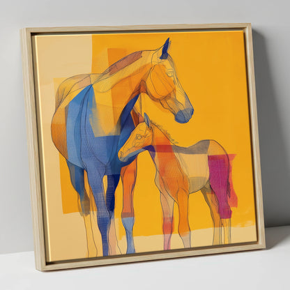 Vibrant Amber Kinship mare & foal canvas wall art in natural frame
