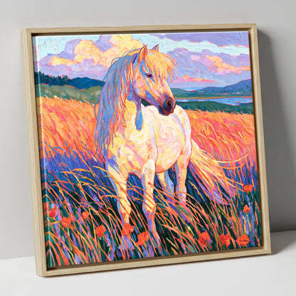 Palomino Pony In Vibrant Meadow horse breed canvas wall art in natural frame