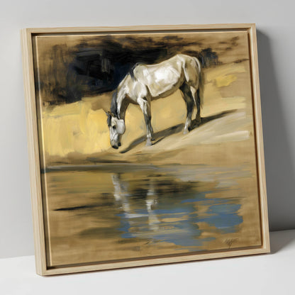 Quiet Waters Reflection horse landscape canvas wall art in natural frame