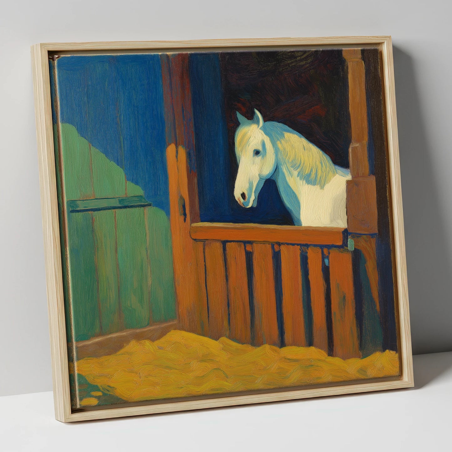 The Blue Shadowed Grey horse stable canvas wall art in natural frame