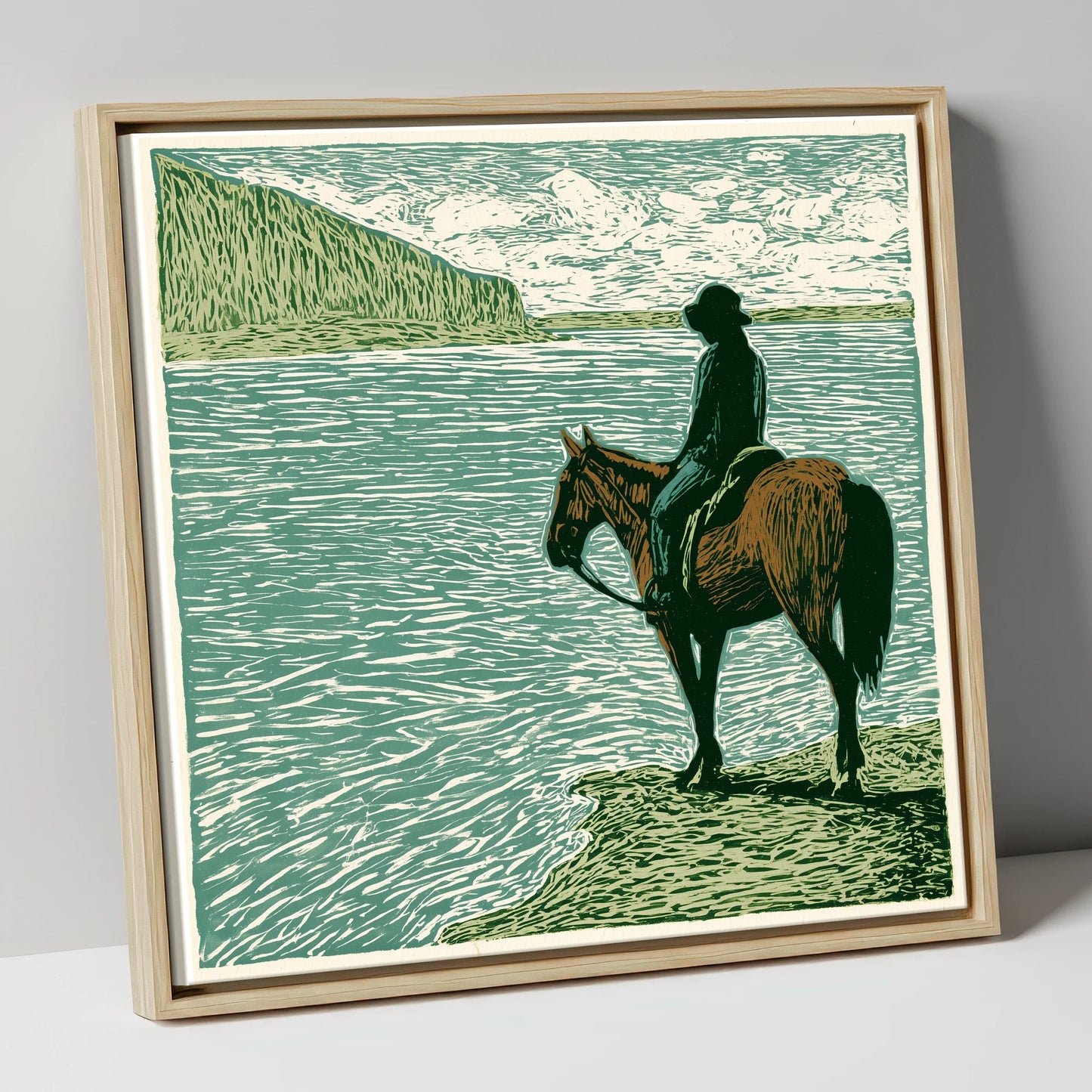 Watching the Tide beach horse canvas wall art in natural frame