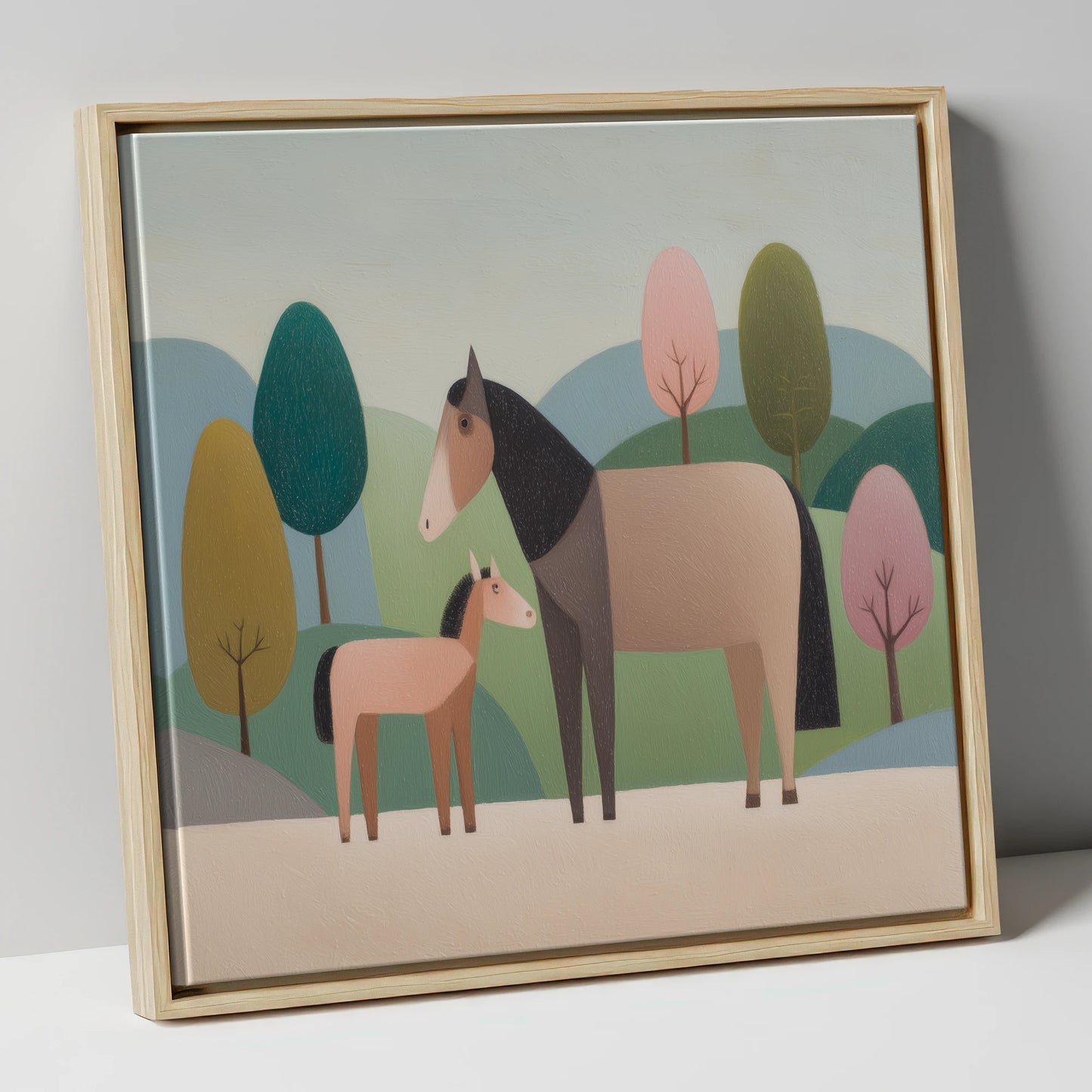 Pastoral Harmony mare & foal canvas wall art in natural frame