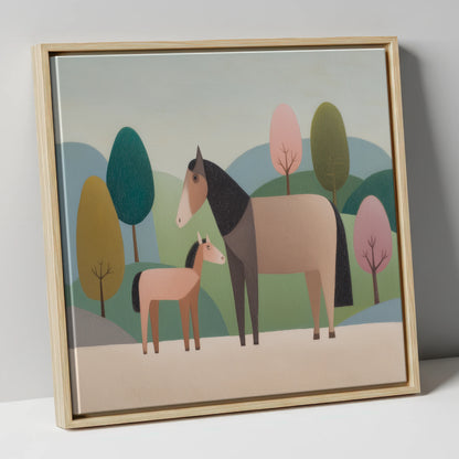 Pastoral Harmony mare & foal canvas wall art in natural frame