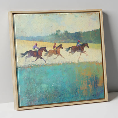 The Morning Gallop racing horse canvas wall art in natural frame