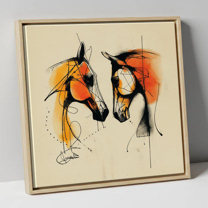 Abstract Amber Dialogue horse portrait canvas wall art in natural frame