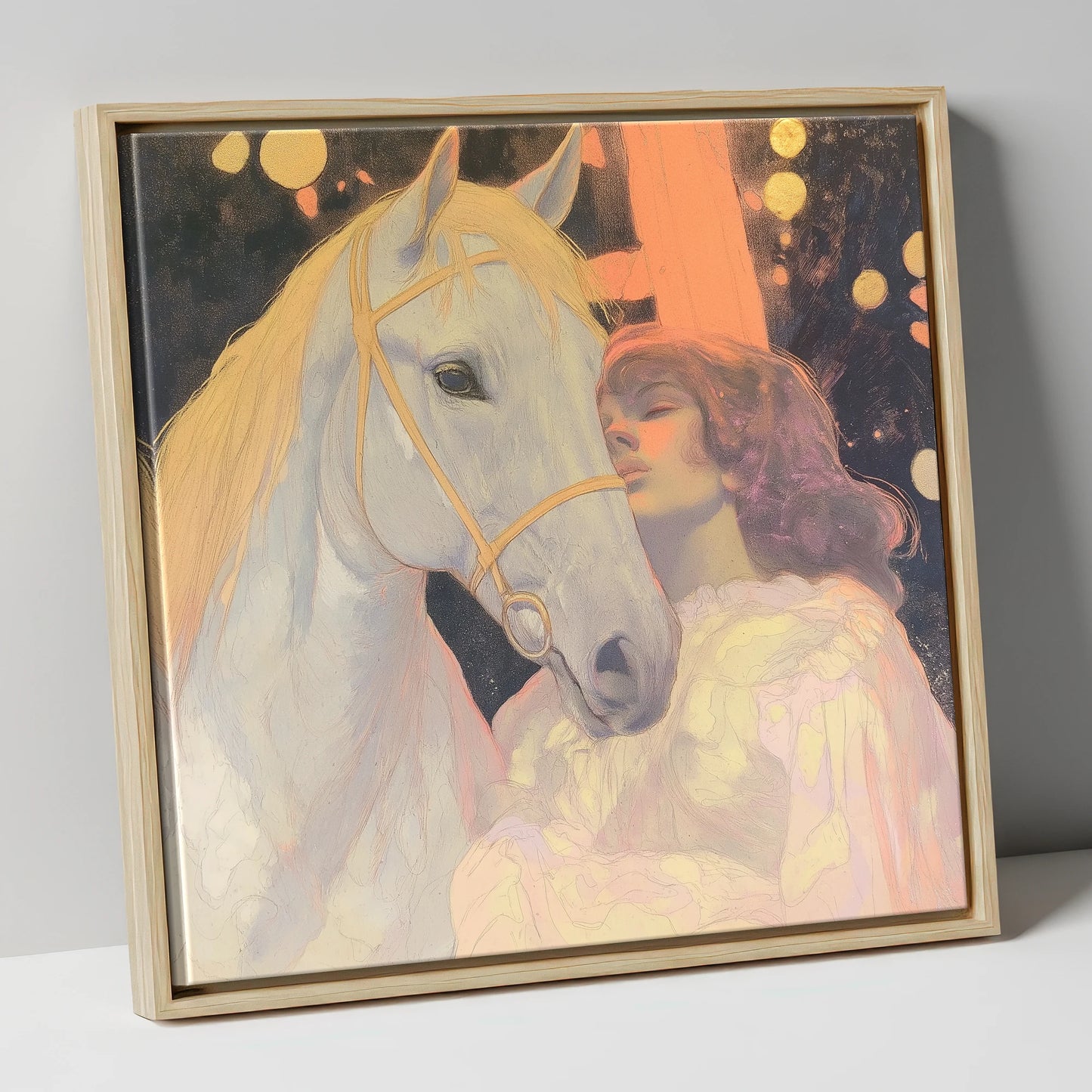 Starlit Bond horse & rider canvas wall art in natural frame