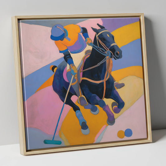 Vivid Polo Strike polo horse canvas wall art in natural frame