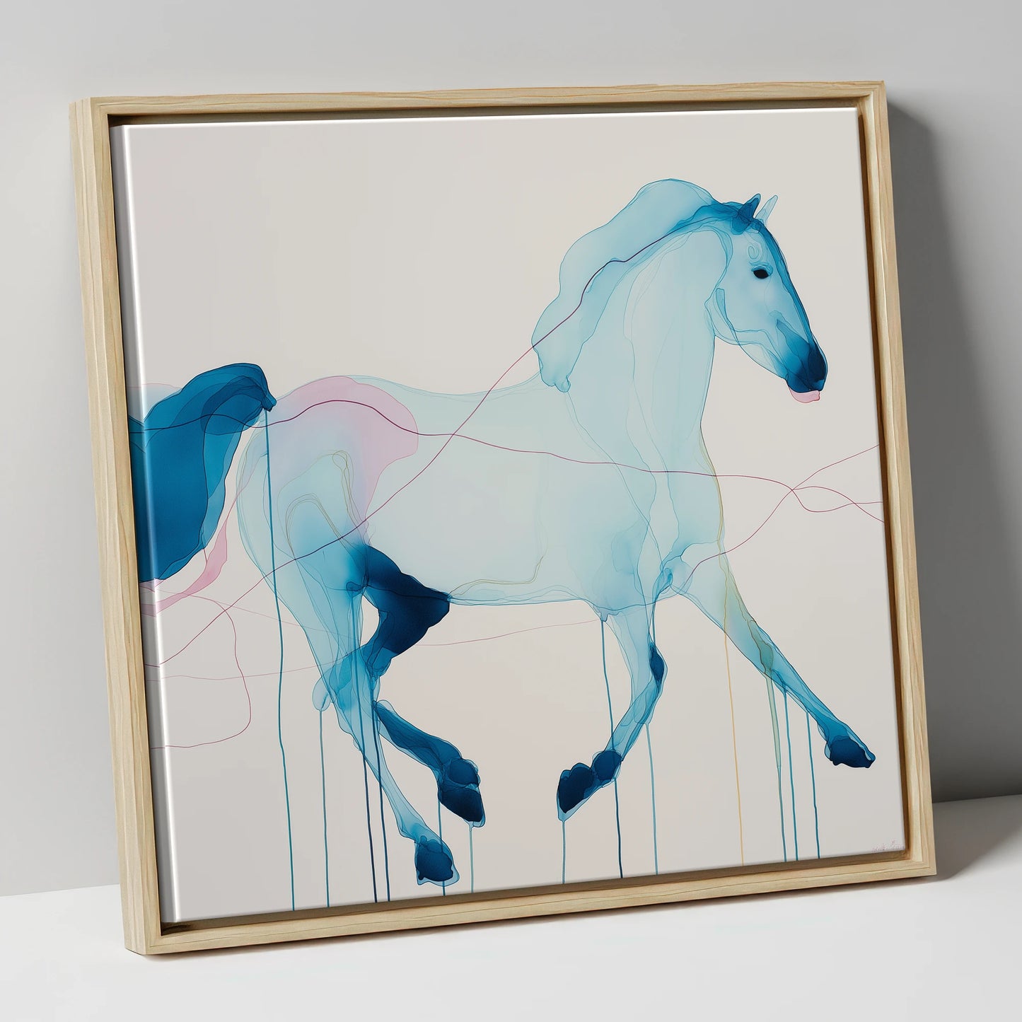 Fluidity in Azure horse breed canvas wall art in natural frame
