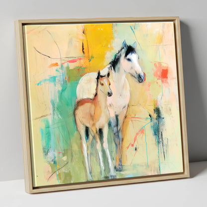 Gentle Guardianship mare & foal canvas wall art in natural frame