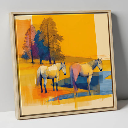 Abstract Golden Pasture horse landscape canvas wall art in natural frame