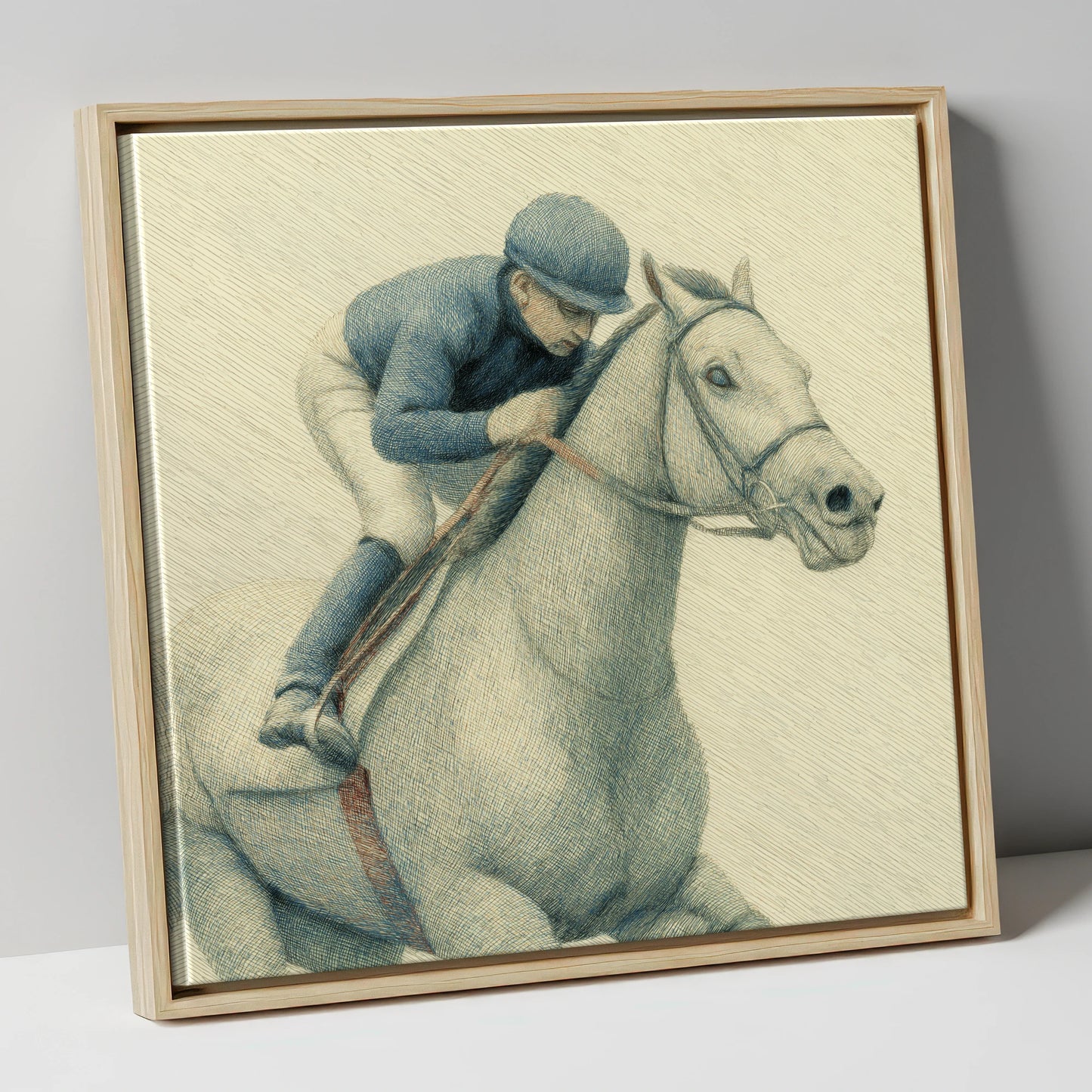 The Blue Silks racing horse canvas wall art in natural frame