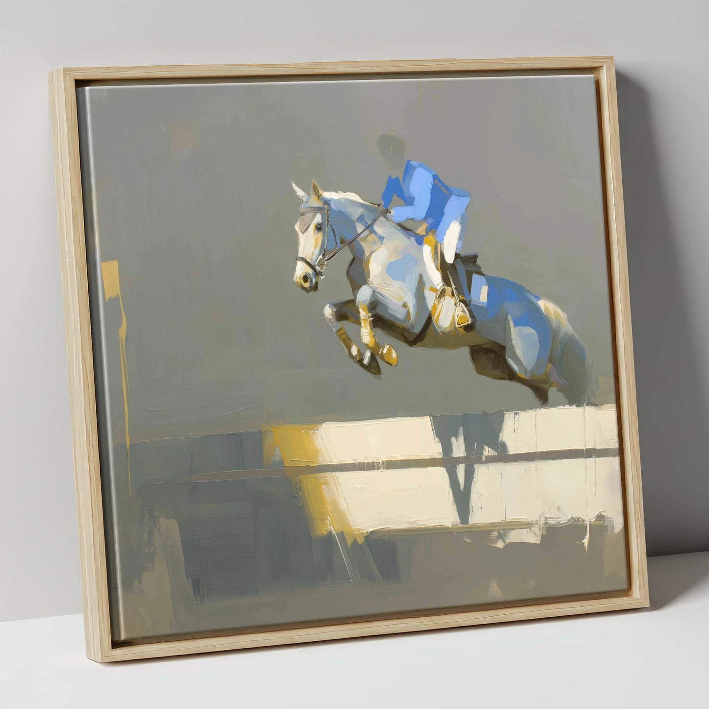 Ascent in Blue show jumping horse canvas wall art in natural frame