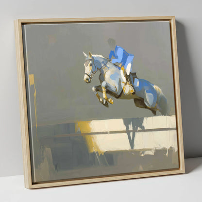 Ascent in Blue show jumping horse canvas wall art in natural frame