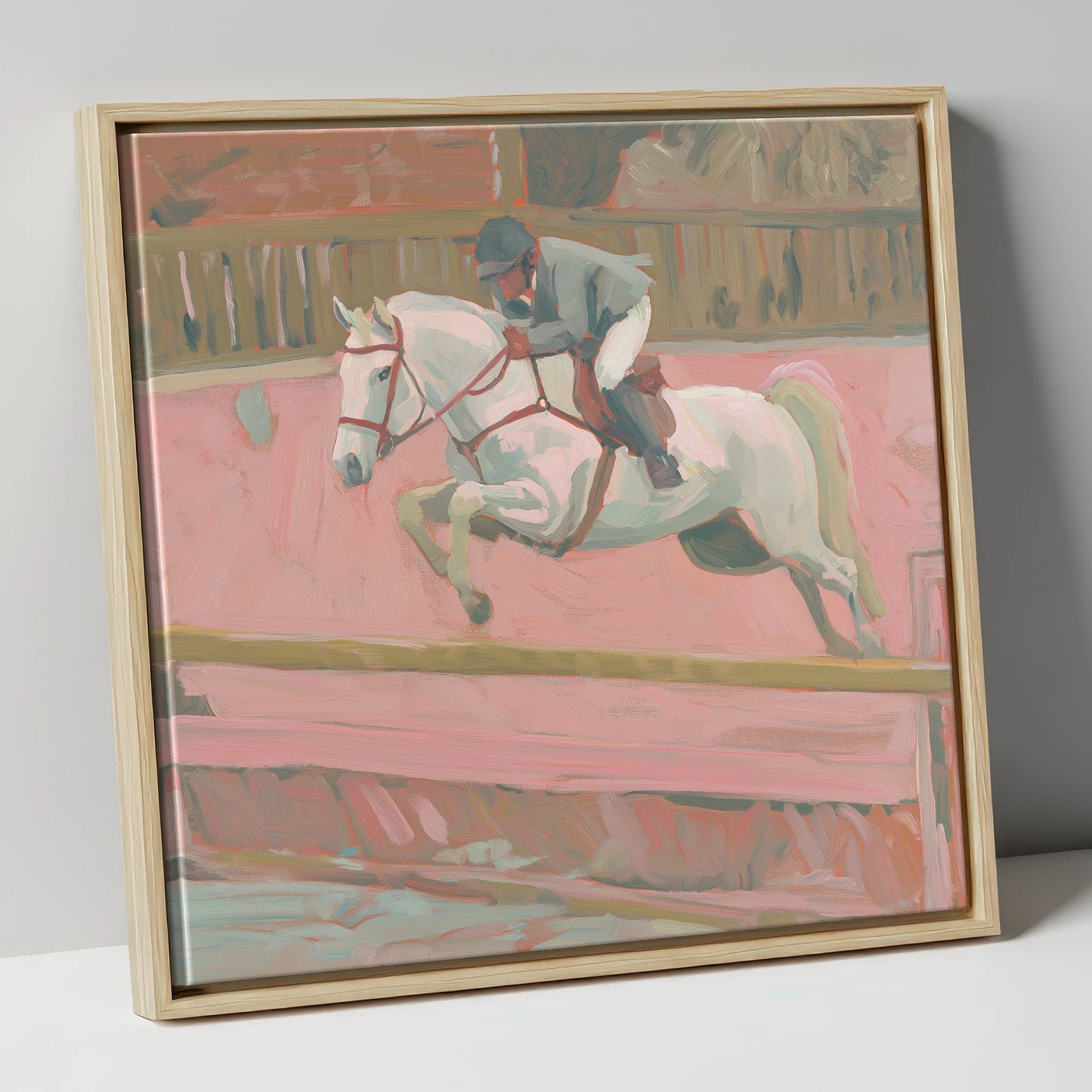Flight in Dusty Pink show jumping horse canvas wall art in natural frame