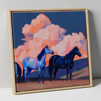 Indigo Horses Beneath Pastel Skies horse landscape canvas wall art in natural frame