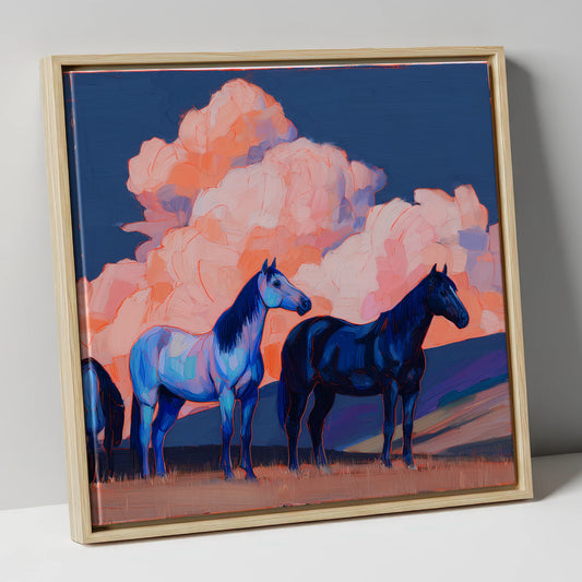 Indigo Horses Beneath Pastel Skies horse landscape canvas wall art in natural frame
