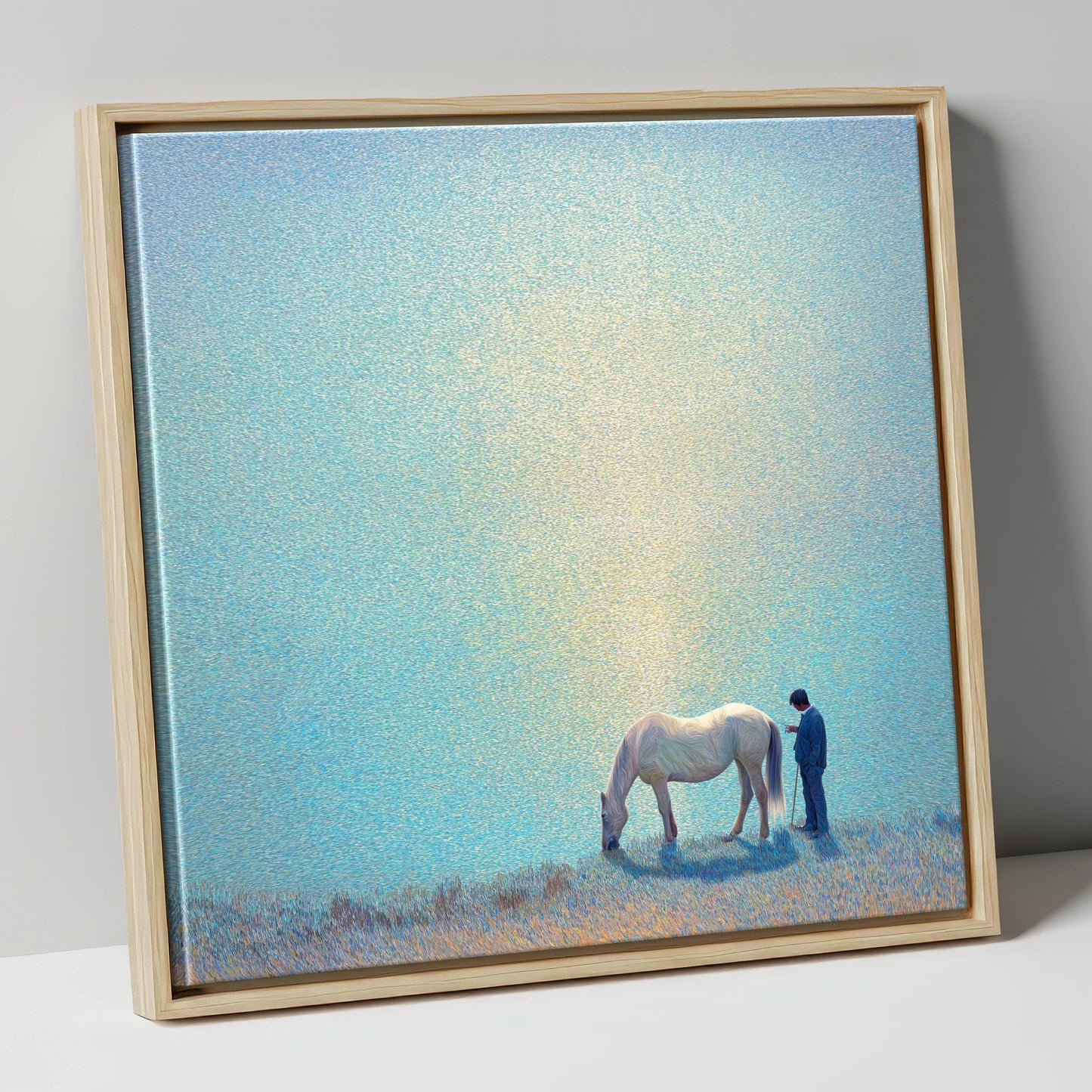 Beside Still Waters horse & rider canvas wall art in natural frame