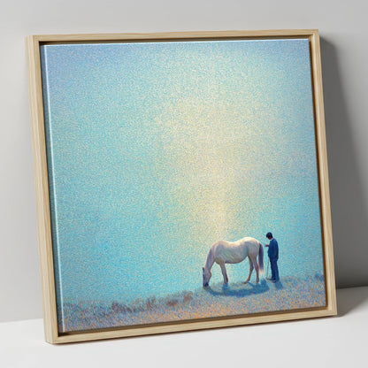 Beside Still Waters horse & rider canvas wall art in natural frame