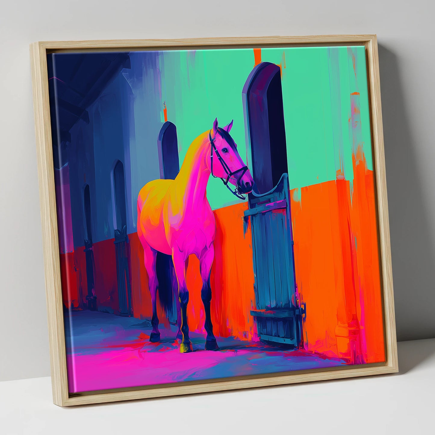 Neon Stable Companion horse stable canvas wall art in natural frame