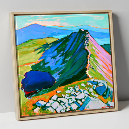 Vibrant Mountain Ridge And Tarn horse landscape canvas wall art in natural frame