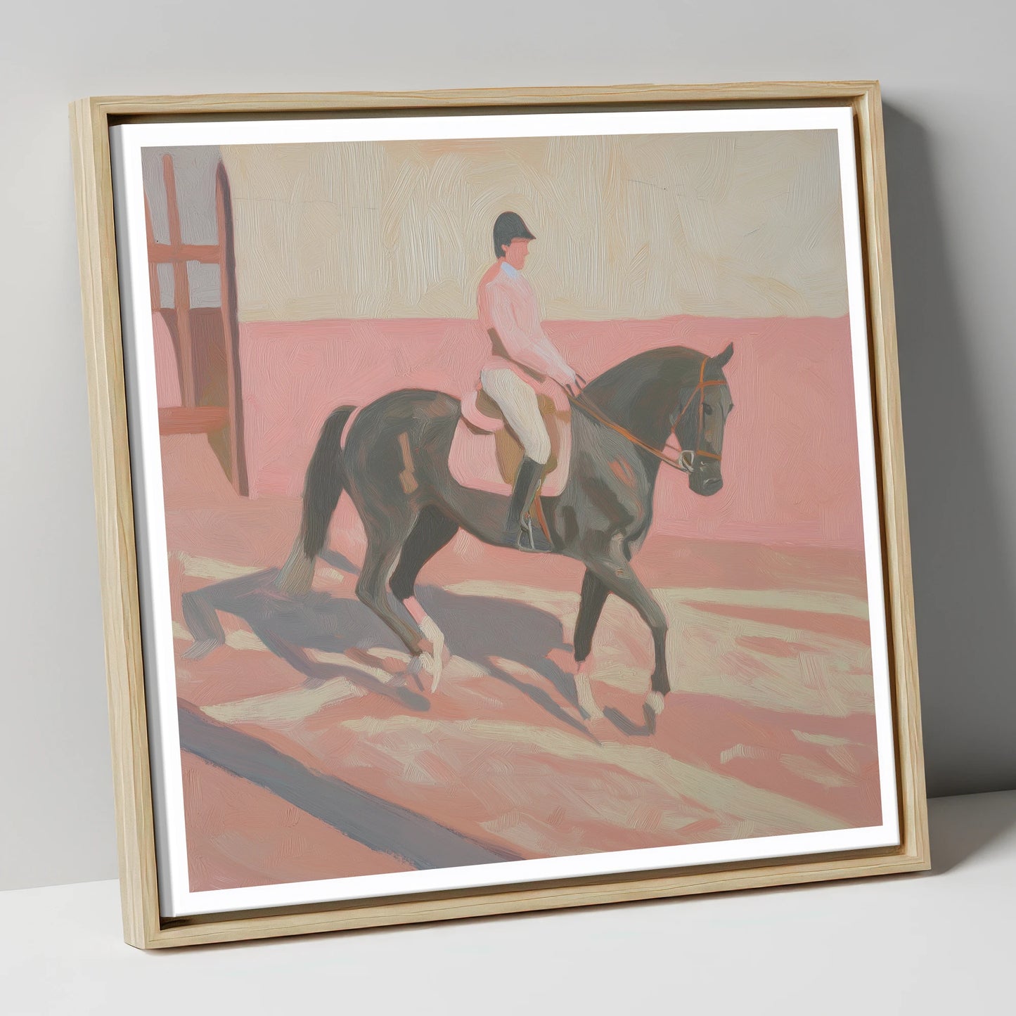 Dusty Pink Shadows dressage horse canvas wall art in natural frame