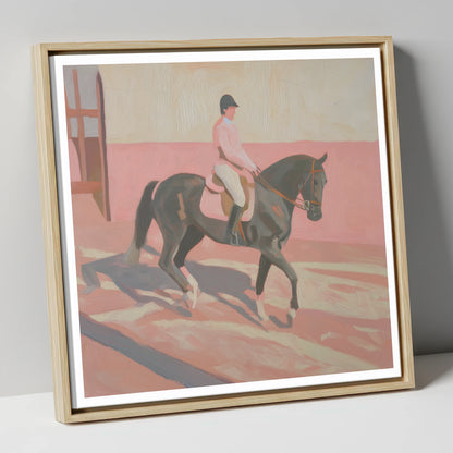 Dusty Pink Shadows dressage horse canvas wall art in natural frame