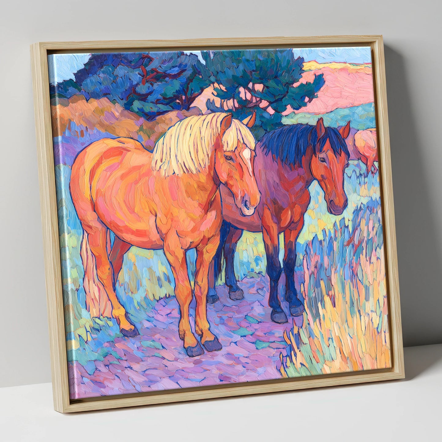 Sunset Pasture Companions horse landscape canvas wall art in natural frame