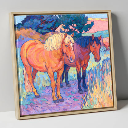 Sunset Pasture Companions horse landscape canvas wall art in natural frame