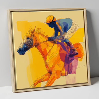 Golden Stride racing horse canvas wall art in natural frame