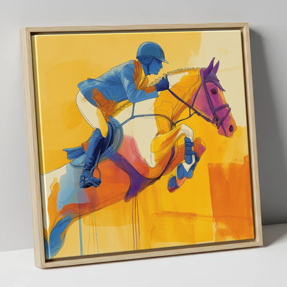 Airborne in Cobalt show jumping horse canvas wall art in natural frame