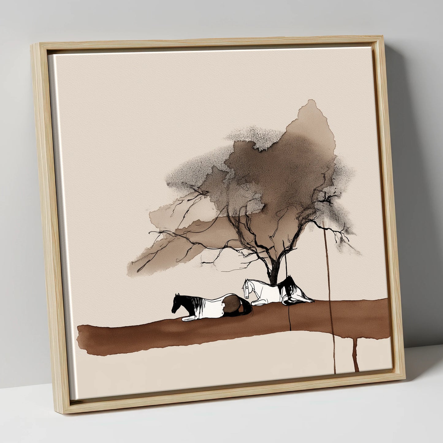 Resting Under the Canopy horse landscape canvas wall art in natural frame