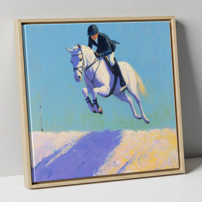 Airborne in Violet Light show jumping horse canvas wall art in natural frame