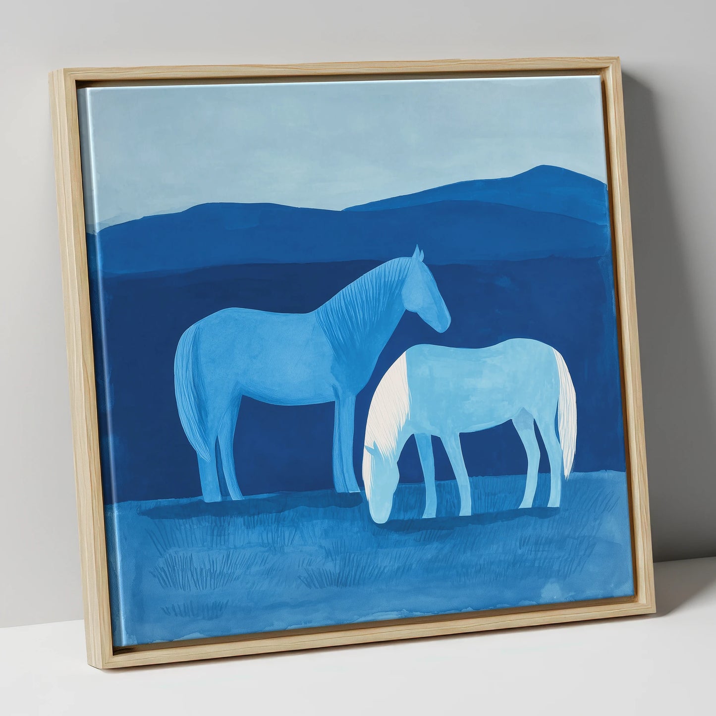 Cobalt Companions horse landscape canvas wall art in natural frame