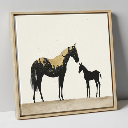 Gilded Bond mare & foal canvas wall art in natural frame
