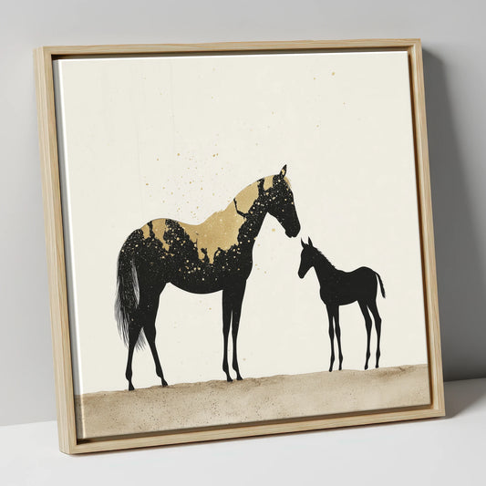Gilded Bond mare & foal canvas wall art in natural frame