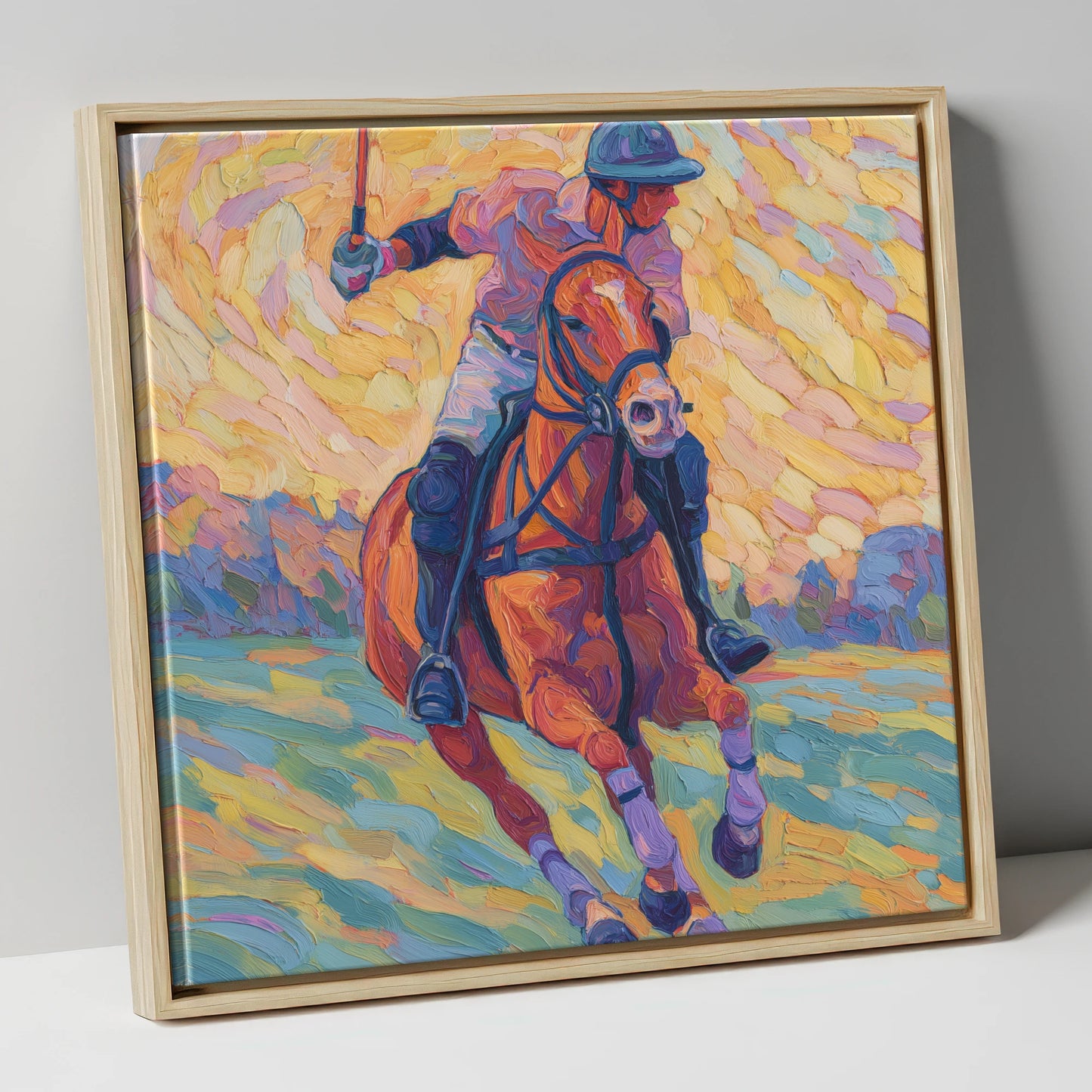 Vivid Polo Pursuit polo horse canvas wall art in natural frame