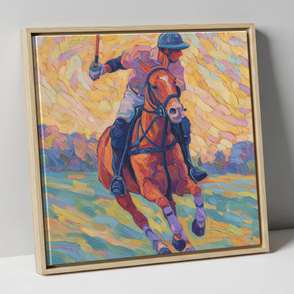 Vivid Polo Pursuit polo horse canvas wall art in natural frame
