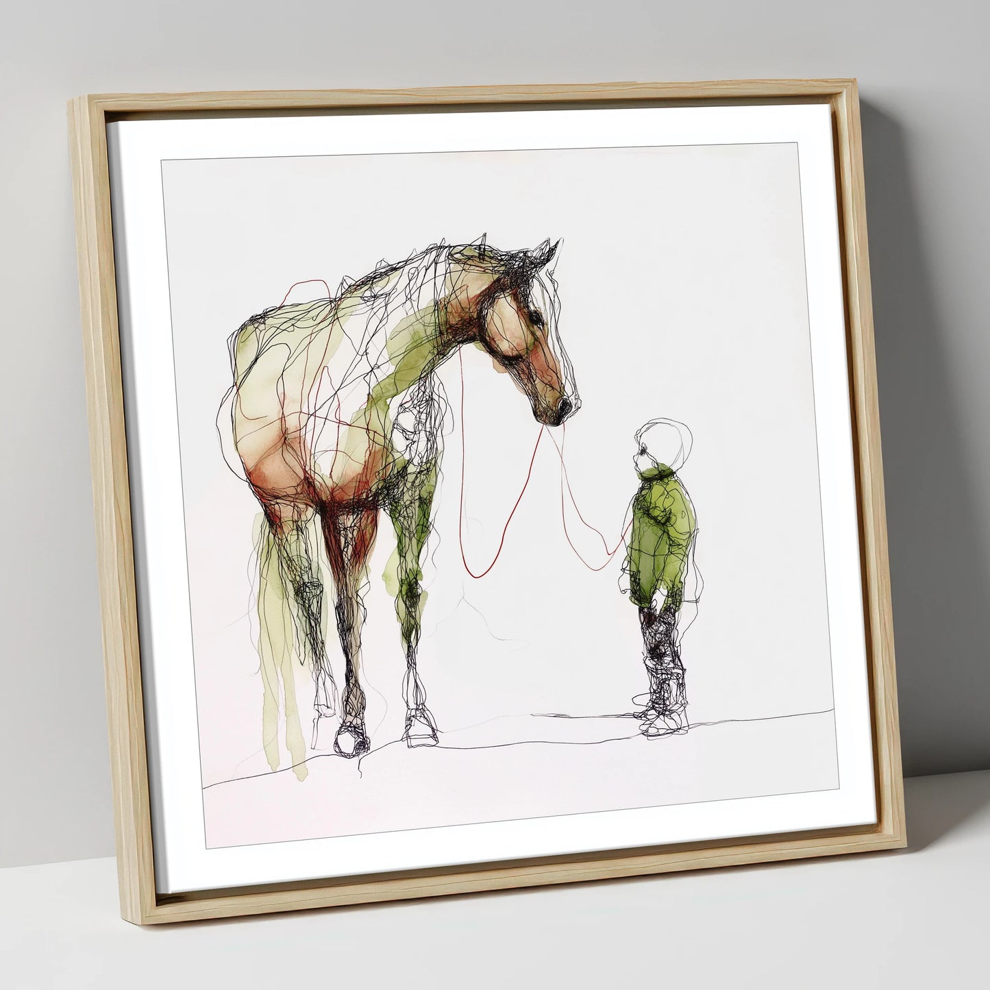 Quiet Connection horse & rider canvas wall art in natural frame