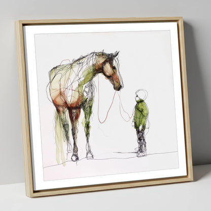 Quiet Connection horse & rider canvas wall art in natural frame
