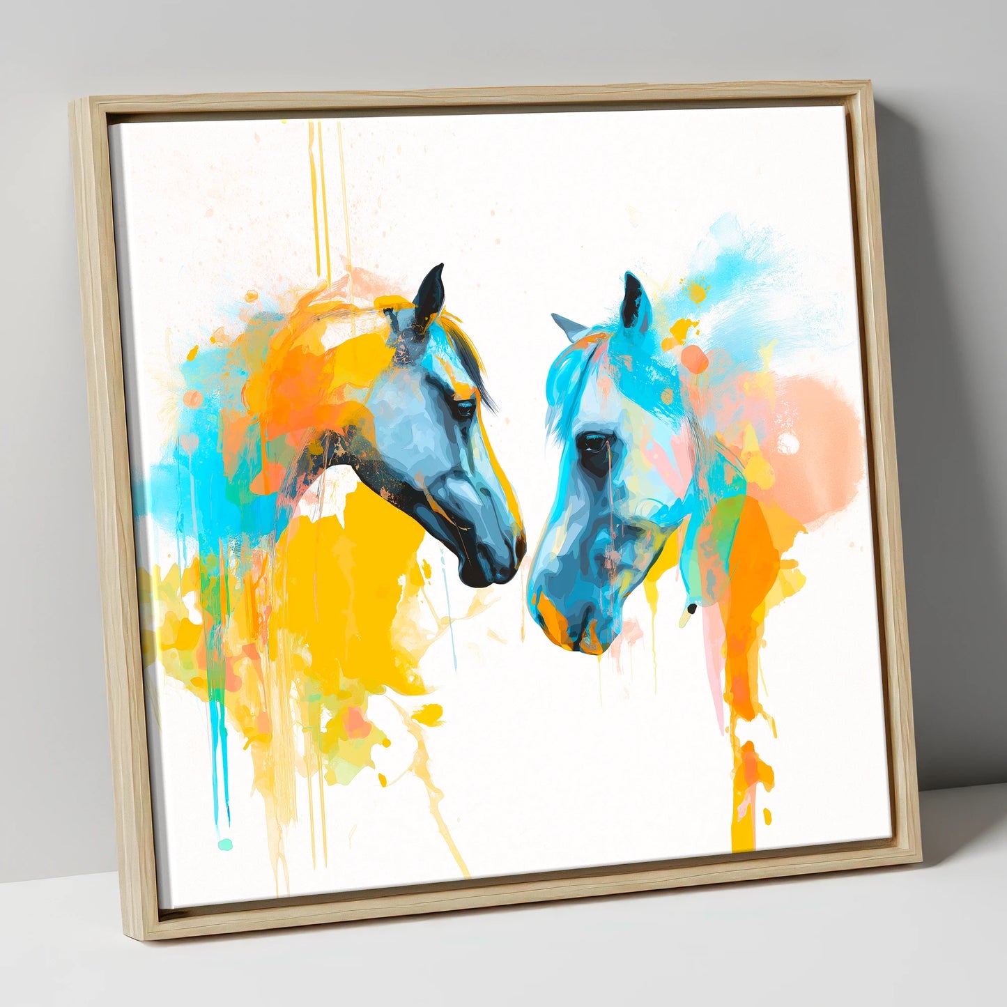 Spirited Bond horse portrait canvas wall art in natural frame