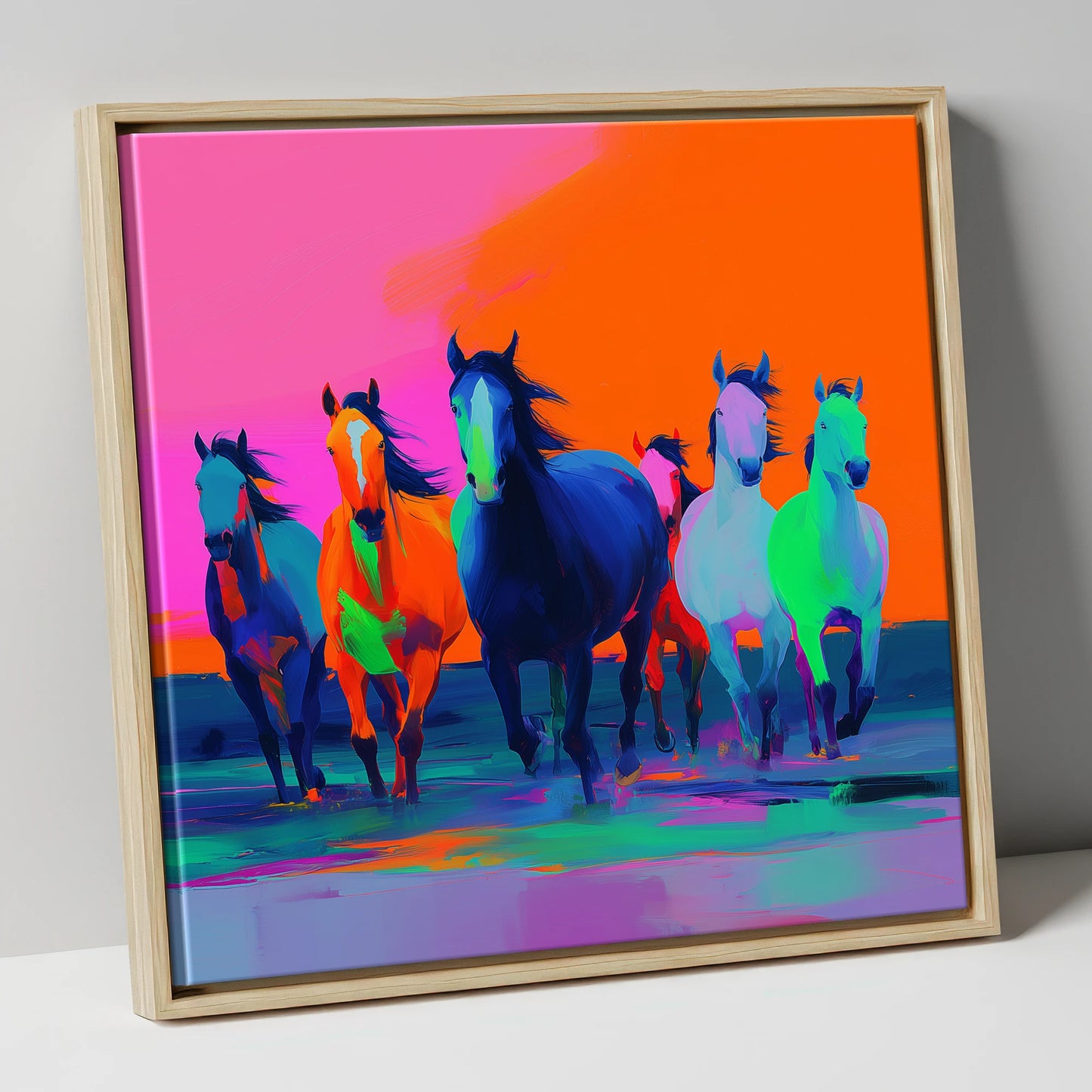 Technicolour Charge wild horses canvas wall art in natural frame