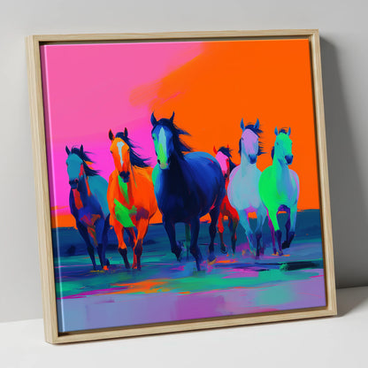 Technicolour Charge wild horses canvas wall art in natural frame