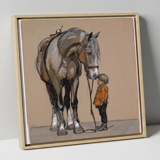 The Gentle Giant horse & rider canvas wall art in natural frame