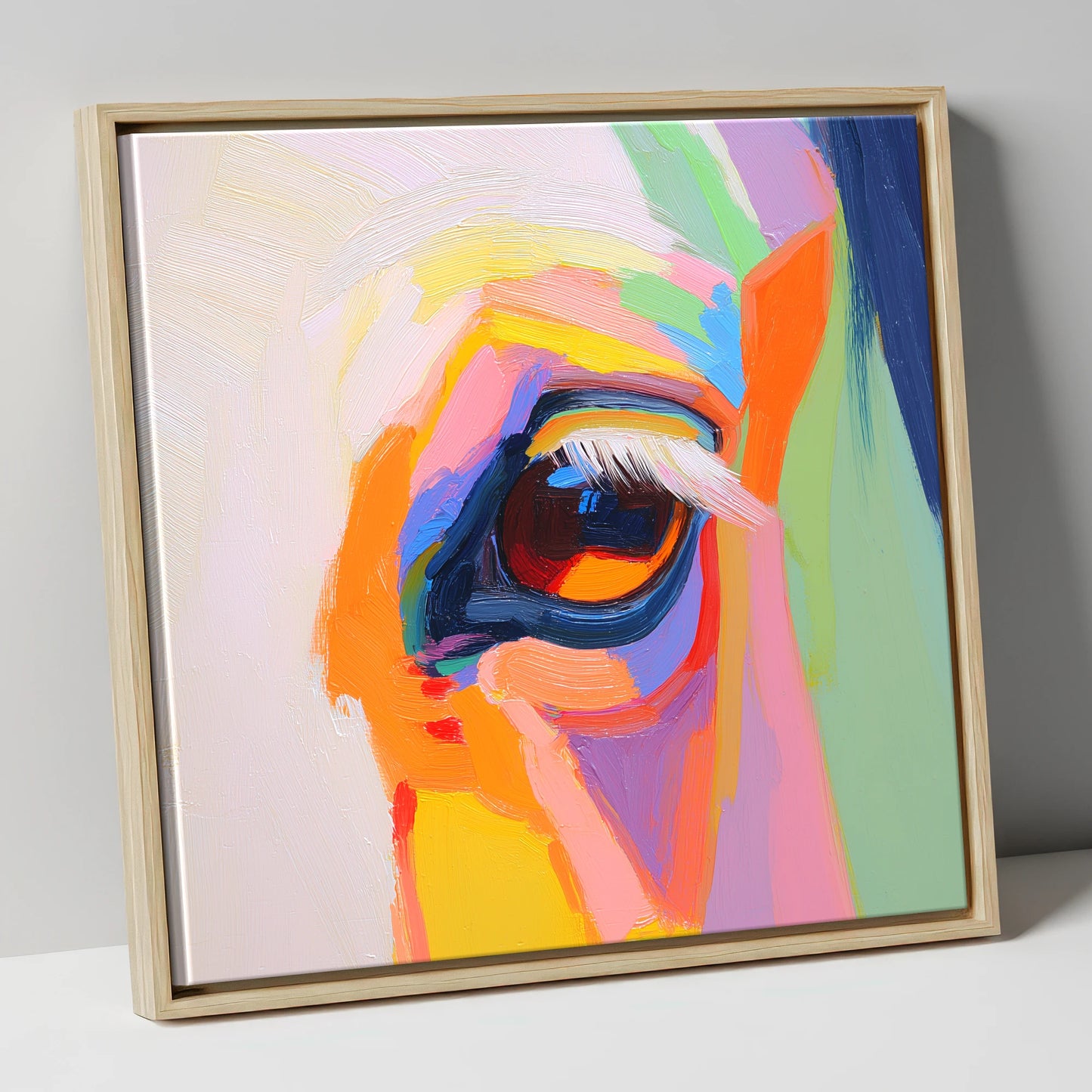 Kaleidoscopic Gaze horse portrait canvas wall art in natural frame