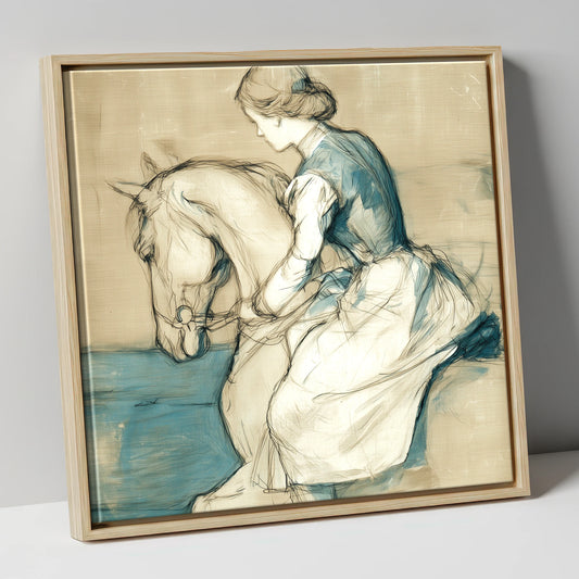 A Quiet Harmony horse & rider canvas wall art in natural frame
