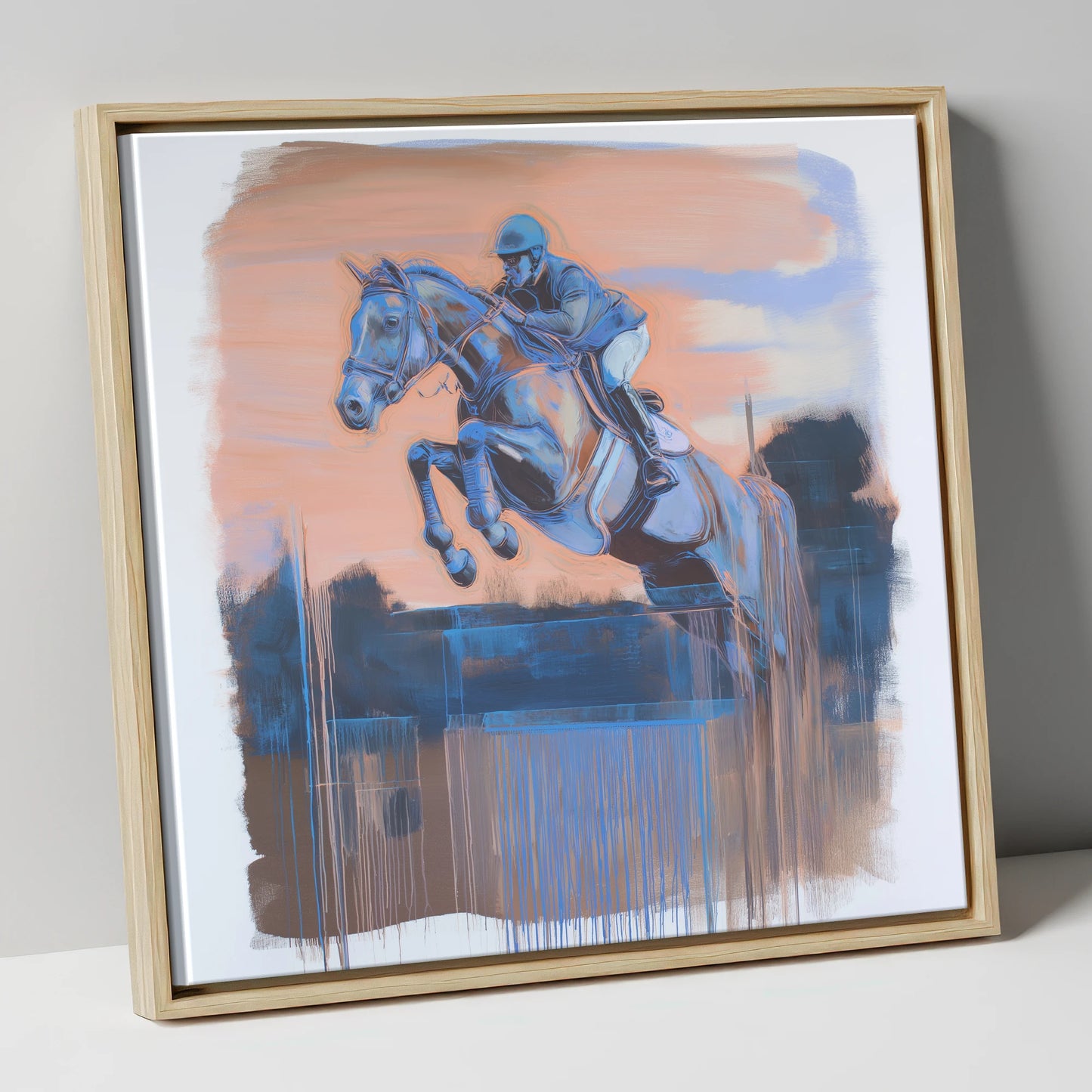 Cobalt Clearance show jumping horse canvas wall art in natural frame