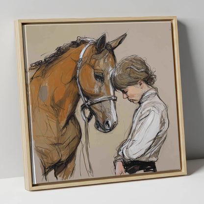 Silent Devotion horse & rider canvas wall art in natural frame