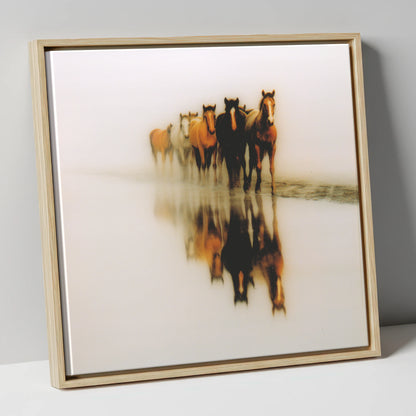 Emerging From The Mist wild horses canvas wall art in natural frame