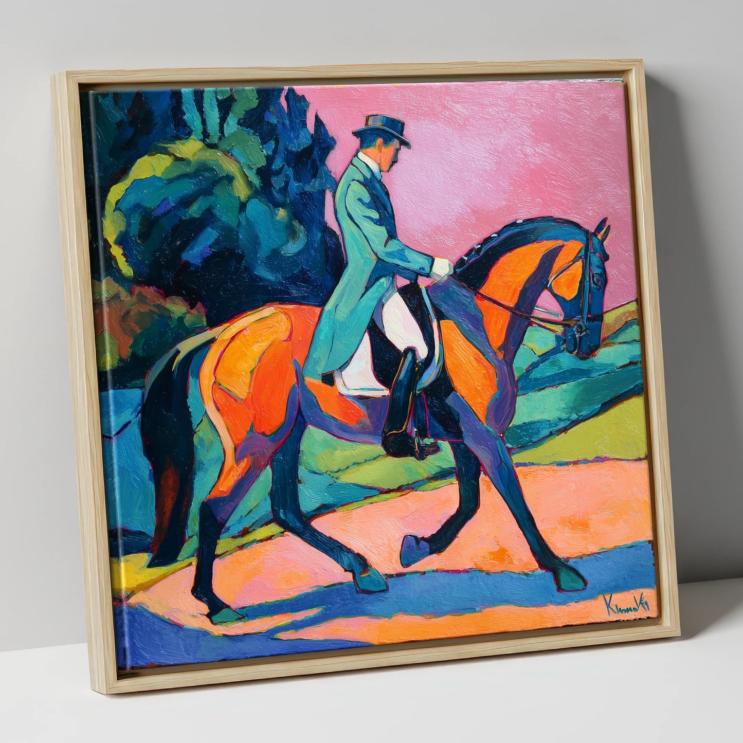 Bold Dressage Harmony dressage horse canvas wall art in natural frame